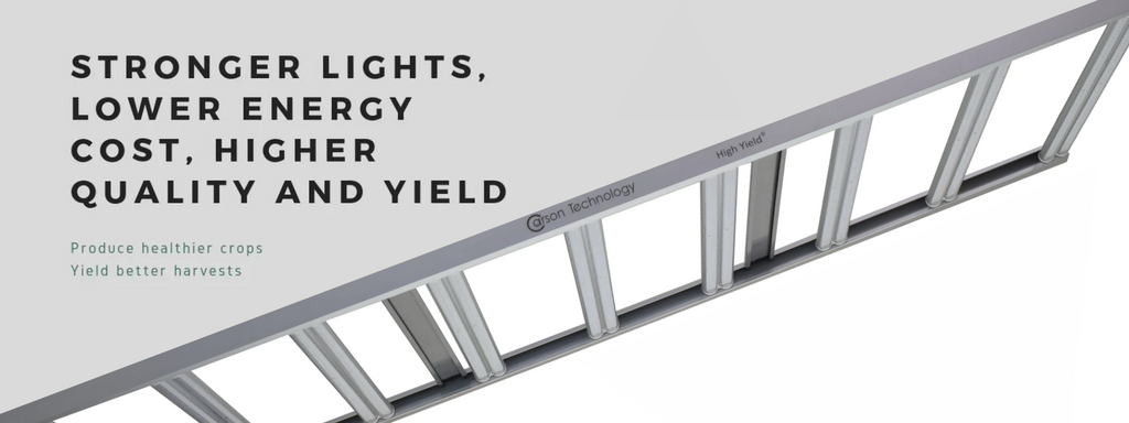 4 feet by 8 feet frame with 9 cannabis cultivation HYPERNOVA LED grow light bars. Tagline: STRONGER LIGHTS, LOWER ENERGY COST, HIGHER QUALITY AND YIELD